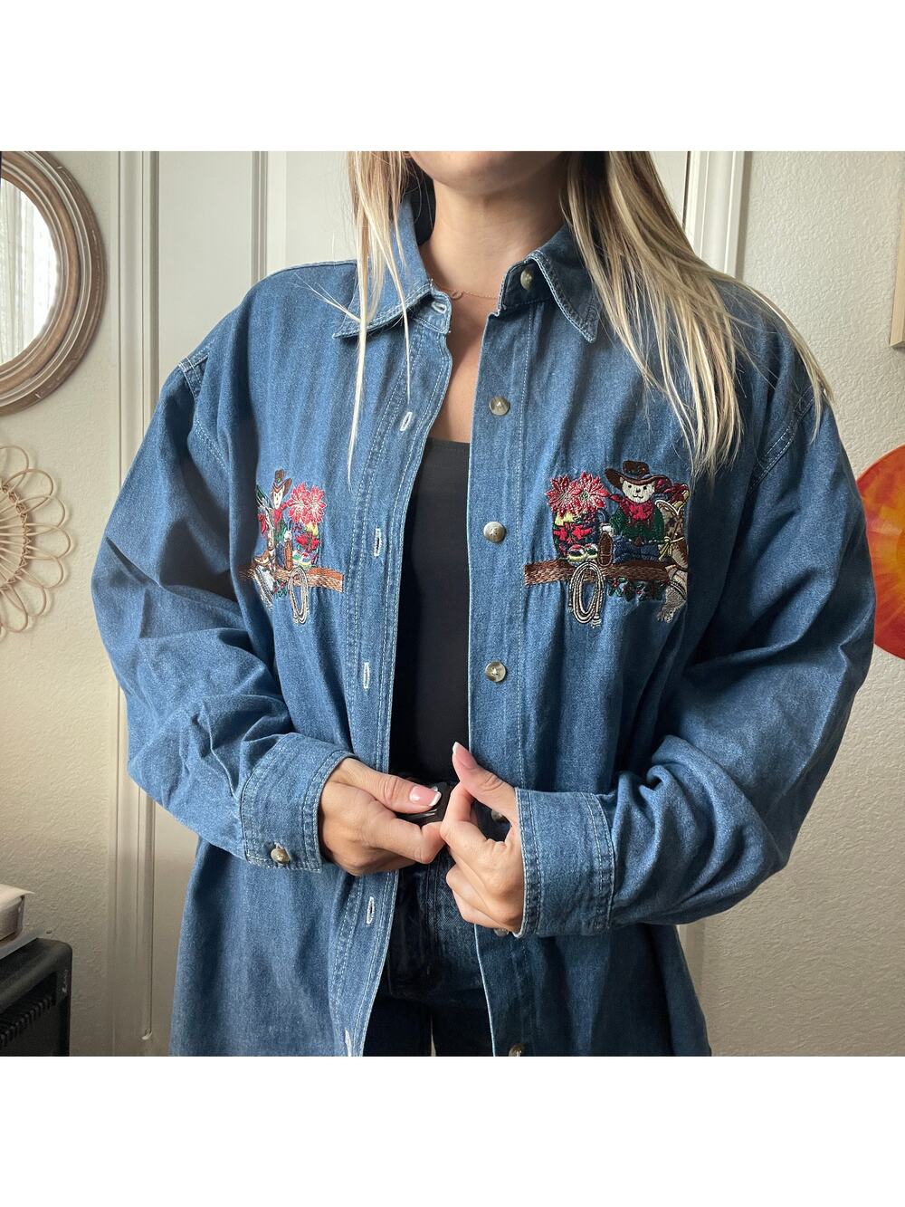 Vintage 90s Quizz Blue Denim Christmas Oversized Cottagecore Button Up Shirt 20